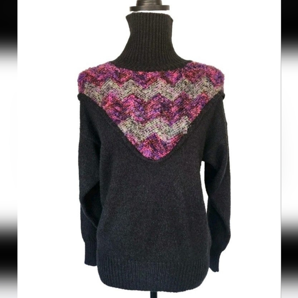 Vtg LeRoy Knitwear Knit Mock Neck Turtleneck Wool Blend Chevron Pink Gray Sz M